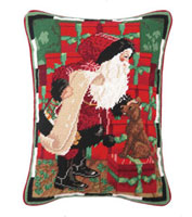 Santa with Dog - Green Background - Needlepoint Pillow