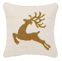 Gold Reindeer Needlepoint Pillow